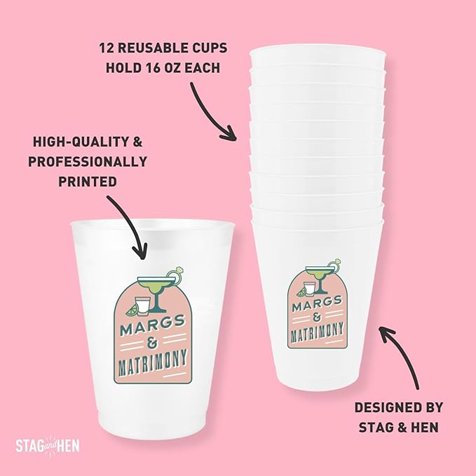 Stag & Hen Margs & Matrimony Bachelorette Party Cups - 12 Pack, 16 oz Cups | Custom Drinkware for Final Fiesta Mexican Themed Bridal Shower, Engagement Party | Bridesmaids Gifts, Favors