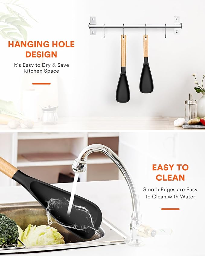 Multifunction Spoon for Nonstick Cookwares, Great for Cooking and Serving, Sturdy BPA-Free Matte Silicone, Wood Handle Spoonula for Mixing, Scoop, and Scrape, Black(2 pack,11.4" & 13.4")