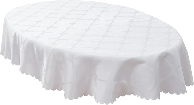 Newbridge Ribbons and Bows Damask Spring & Easter Holiday Fabric Tablecloth, White, 60 x 102 Inch Oval, Wrinkle & Stain Resistant Table Cover