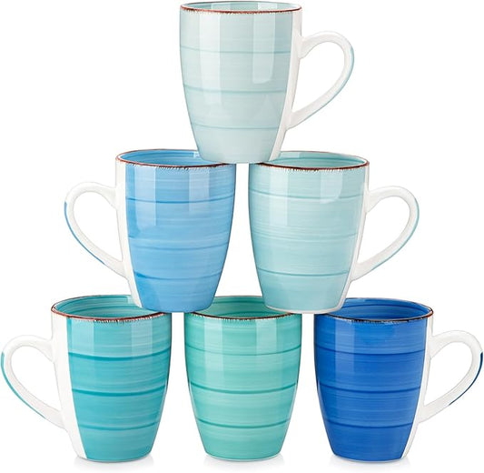 vancasso Bonita 16 Oz Large Coffee Mugs Set of 6, Ceramic Coffee Cups for Cappuccino, Latte, Tea, Cocoa, Blue