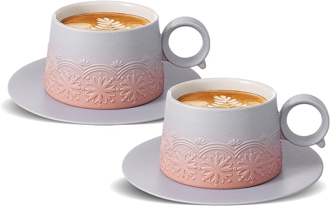 ZENS 7.3 Ounce Cappuccino Cups Set of 2, Artistic Embossed Ceramic Cappuccino Coffee Cups and Saucers, Double Espresso Cups Set of 2 for Au Lait, Matcha Latte or Tea, Women Gifts, Grey Pink