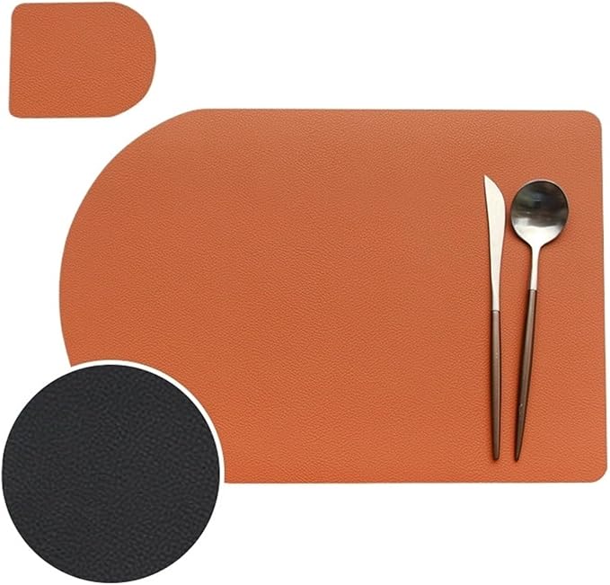 Placemat Washable Set Dual Side Tableware Pad Leather Heat Lnsulation Waterproof Non-Slip Bowl Coaster Kitchen(Brown Black Arched)