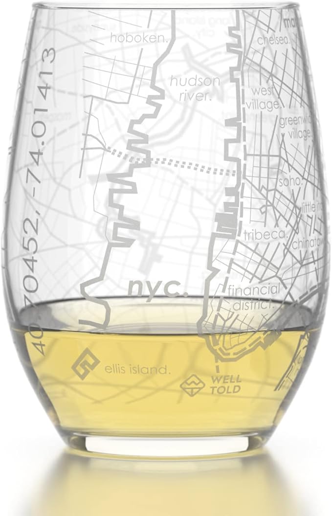 Well Told Engraved New York City Map Stemless Wine Glass, Etched Glass (15 oz, Clear) Custom Gifts for Lovers