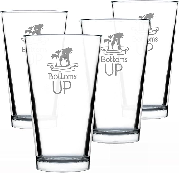 Bevvee Bottoms Up - Pint Glass for Beer - Funny Duck Themed Gifts - Lake House Decor for Women and Men - Set of 4-16 Oz Glasses