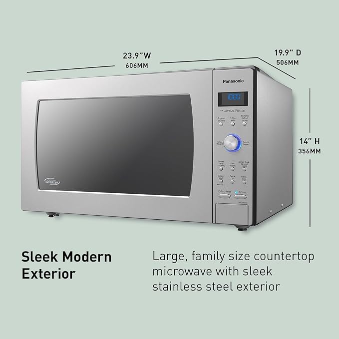 Panasonic Oven with Cyclonic Wave Inverter Technology, 1250W, 2.2 cu.ft. Countertop Microwave with Genius Sensor One-Touch Cooking – NN-SD975S (Stainless Steel/Silver), Stainless