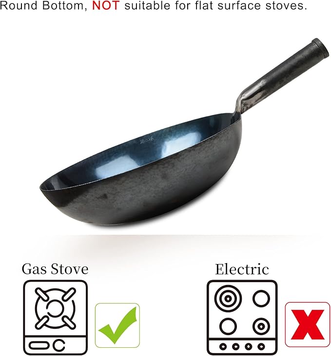 臻三环 ZhenSanHuan Chinese Hand Hammered Iron Woks and Stir Fry Pans, Non-stick, No Coating, Carbon Steel Pow (30CM, Blue Black - Seasoned)
