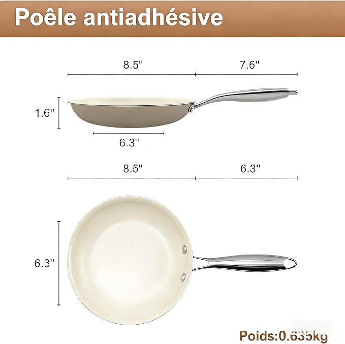 8.5 Inch Ceramic Nonstick Frying Pan Skillet - PFAS-Free, Non-Toxic, Oven Safe & Induction Ready, Aluminum Cookware with Stainless Steel Handle
