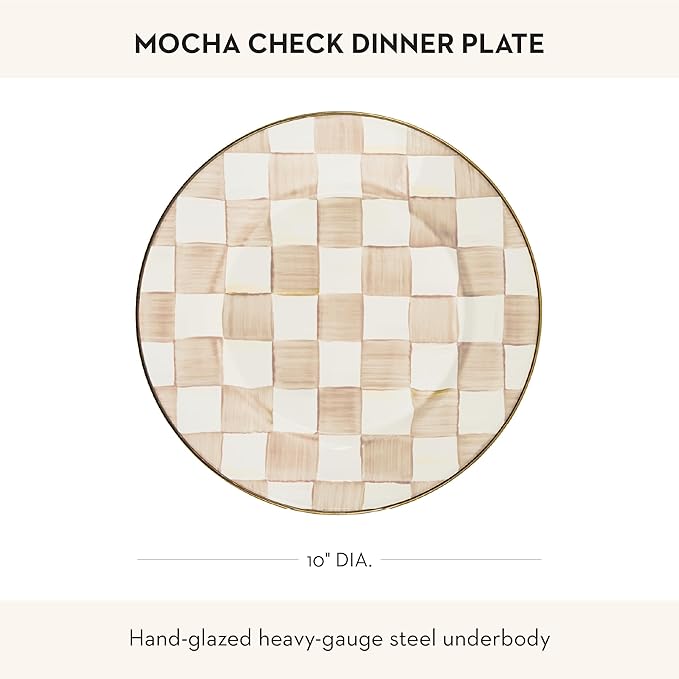 MACKENZIE-CHILDS Enamel Dinner Plate, Decorative Dinnerware Plate, 10 Inches, Brown-and-White Mocha Check