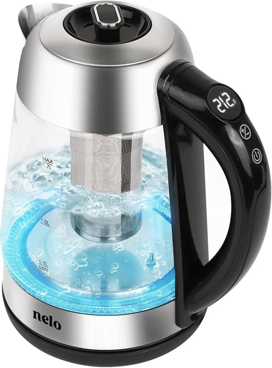 NELO Electric Kettle with Removable Tea Infuser, 7 Temperature Presets, Digital Display, LED Indicator Lights, Glass Tea Kettle & Hot Water Boiler, 360° Base, BPA-Free, Stainless Steel, 1.7 Liters
