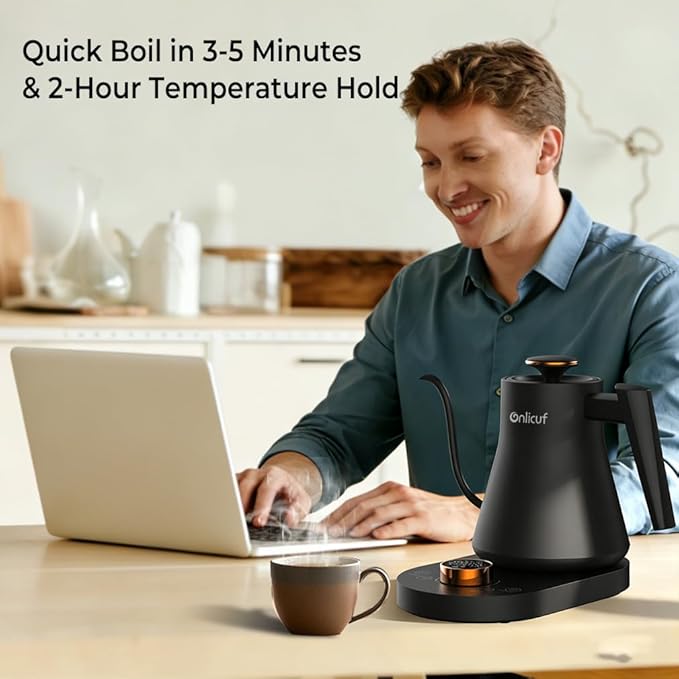Gooseneck Electric Kettle with 7 Presets & ±1°F Precision Temperature Control, Pour Over Coffee & Tea Kettle, Hot Water Boiler, 100% Stainless Steel Inner, 1000W/0,8L, Matte Black