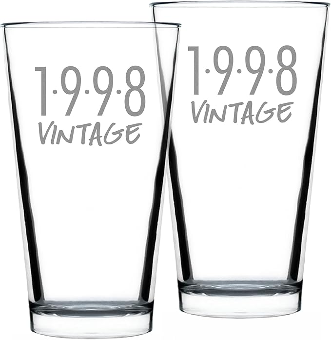 Bevvee Vintage 1998 Pint Glass for Beer - 28th Birthday Gifts for Men or Women Turning 28 - Fun Bday Party Decor - Set of 2-16 oz