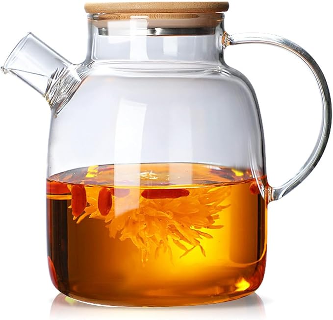Glass Tea Pot Kettles Stovetop Safe, 60.8oz/1800mL Heatproof Borosilicate Glass Teapot Water Pitcher With Bamboo Lid and Removable Filter Spout for Loose Leaf and Blooming Tea