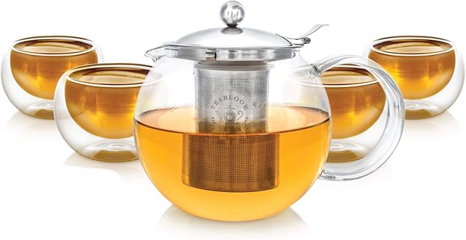 Teabloom Stovetop Safe Glass Teapot with Removable Infuser (40oz/1200ml) and Four Double Walled Glass Cups (5oz/150ml) - Classica Tea Set
