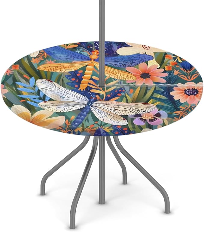 Dragonfly Outdoor Round Tablecloth with Umbrella Hole, Circle Fitted Tablecloths with Elastic 45"-56" Waterproof Oil-Proof Round Outdoor Tablecloth Patio Table Cover for Picnic Camping Party