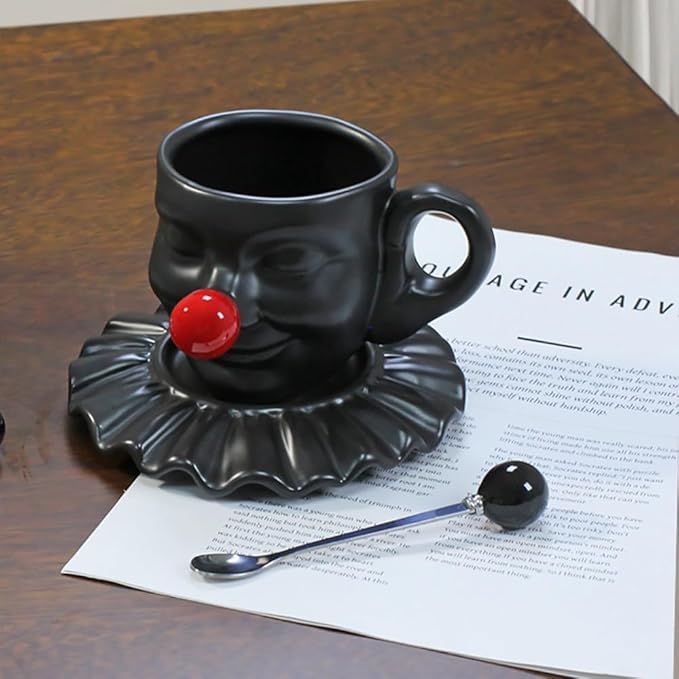 Tea Cups and Saucers, Ceramic Coffee Cup Set 8.5oz, Porcelain Tea Set Face artistic clown cup Design for Lover Gift & Home Decor-Black