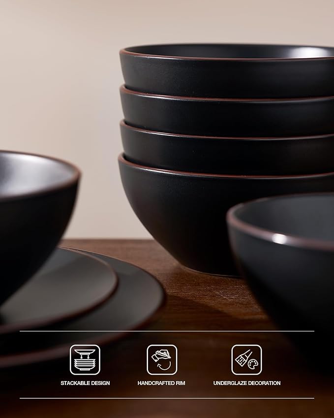 Famiware Venus Plates and Bowls Sets, 18 Pieces Stoneware Dinnerware Sets, Dishes Set for 6, Microwave and Dishwasher Safe, Matte Black