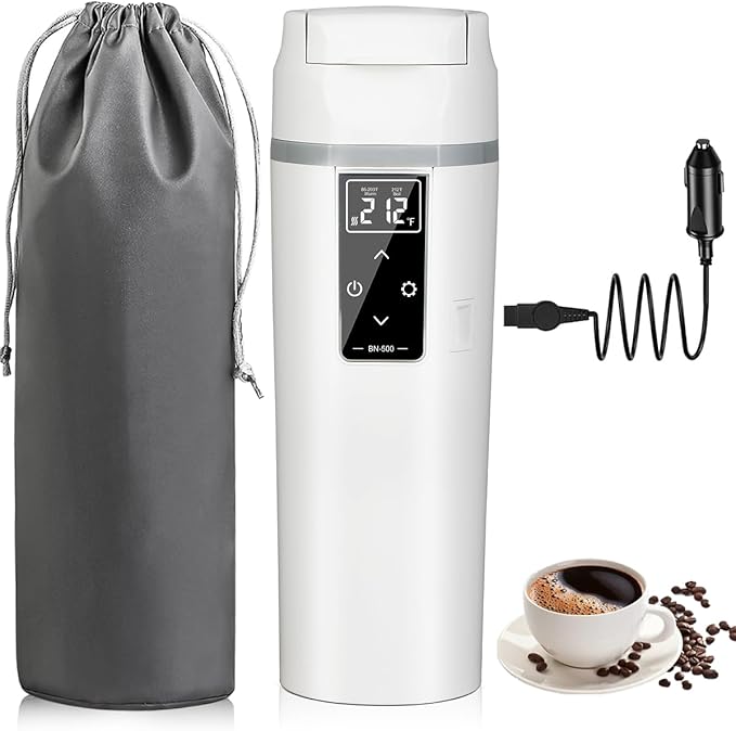 Car Travel Electric Kettle 12V/24V :450ML Tea Coffee Kettle Water Boiler, Portable Water Heater with Temperature Control, 304 Stainless Material, LED Display and Boil Dry Protection (White)