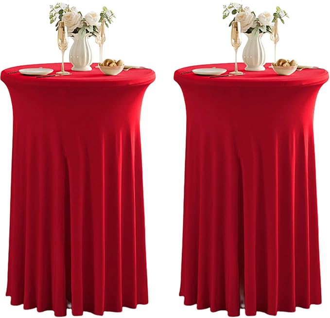 Qubjus 2 Pack Round Cocktail Table Covers with Skirt Stretch Spandex Tablecloth 24"x43" Cocktail Round Tablecloth for Party Wedding Birthday Banquet, Red