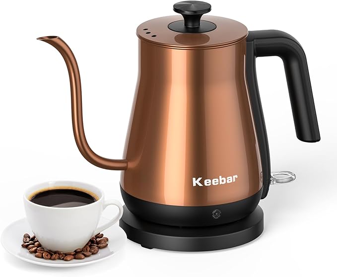 Electric Kettle Keebar, Tea Kettle & Pour Over Coffee Kettle, 100% Stainless Steel Gooseneck Electric Kettle, Hot Water Kettle with Auto Shut Off, 0.8l,1000W,Copper