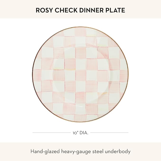 MACKENZIE-CHILDS Enamel Dinner Plate, Decorative Dinnerware Plate, 10 Inches, Set of 1, Pink-and-White Rosy Check