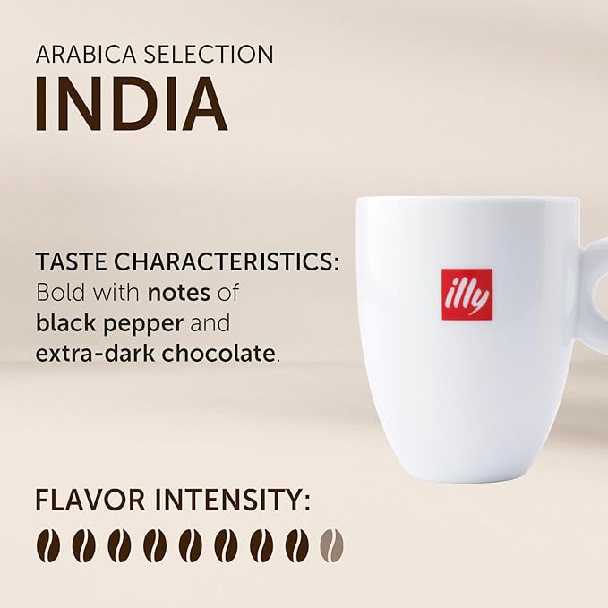 illy Whole Bean Coffee - Perfectly Roasted Whole Coffee Beans – India Dark Roast - with Notes of Black Pepper & Extra-Dark Chocolate – Full-Bodied - 100% Arabica Coffee - No Preservatives – 8.8 Ounce