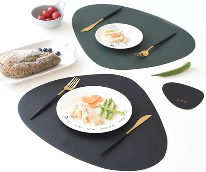 Leather Pads Nordic Creatives Dinette Mat Triangle Elliptical Waterproof Oil Insulated Dining Table Placemat and Coaster Set(Gray)