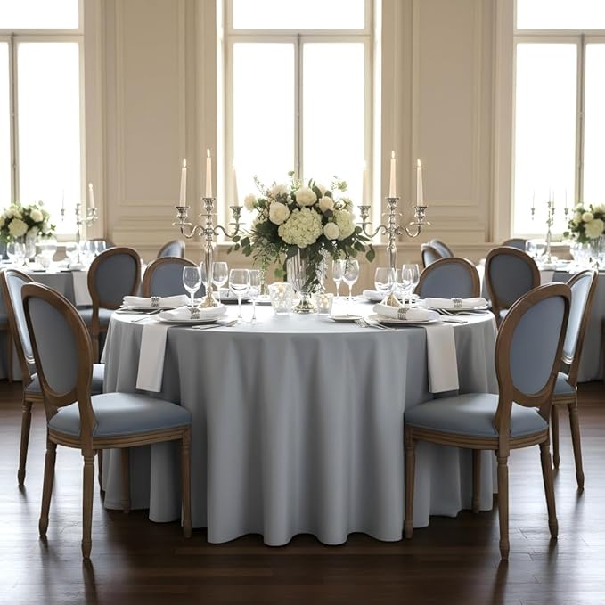 sancua Round Tablecloth - 120 Inch - Water Resistant Spill Proof Washable Polyester Table Cloth Decorative Fabric Table Cover for Dining Tables, Buffet Parties and Camping, Silver Grey
