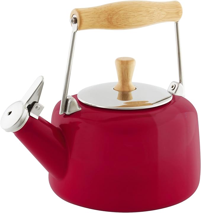 Chantal SVEN Enamel on Steel Whistling Teakettle with Natural Wood handle, 1.4 quarts, Apple Red