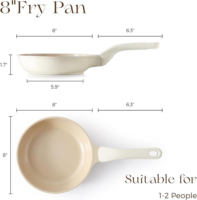 PRICUSIS Nonstick Ceramic Frying Pan, 8/10 Inch Skillet with Stay Cool Handle, Fully Coated, Induction Compatible & Oven Safe, 100% Dishwasher Safe, PTFE PFAS & PFOA Free（8 Inch, Coconut White）