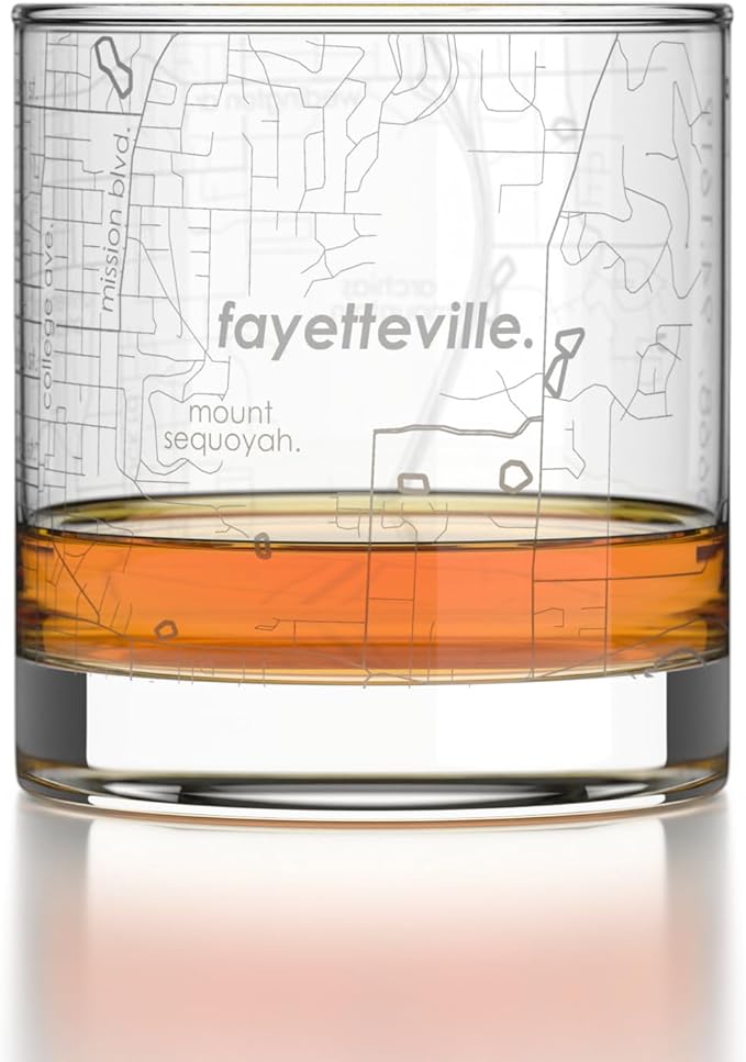Well Told Engraved Fayetteville Arkansas Map Rocks Glass, Old Fashioned Glassware (11 oz, Clear) Etched Bourbon Tumbler, Gifts For Whiskey Lovers
