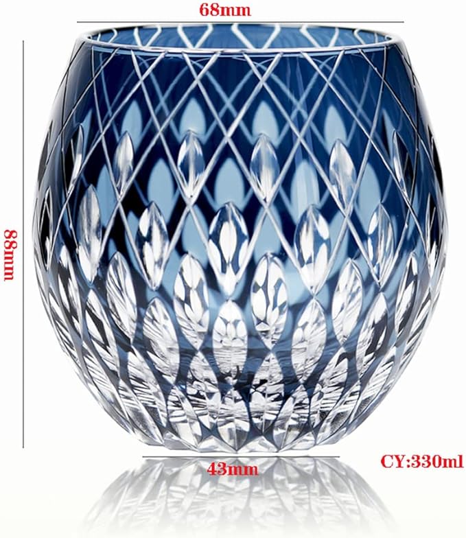 JINZHI Japanese Style EDO Kiriko Whiskey Glasses 11OZ Unique Shape Colored Hand Carved Glass Tumbler for Bourbon Lovers - Style Glassware for Rum - Rocks glasses in Gift Box (Blue)