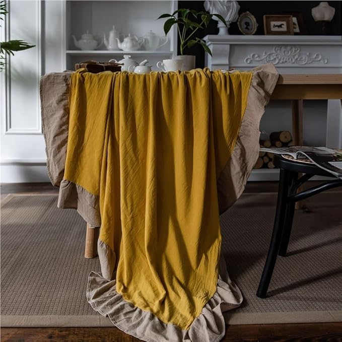 Rectangular Tablecloth Ruffled Yellow Tablecloth Plain Tablecloth Washed Cotton Suitable for Restaurant Camping(Style2,140 * 180cm)