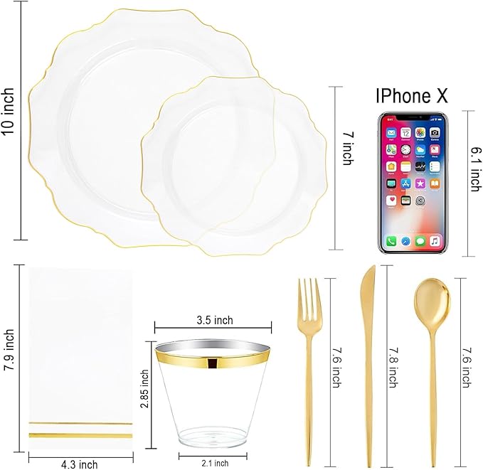 WDF 350Pcs Clear and Gold Plastic Plates - Heavy Duty Clear Plates Disposable - Gold Dinnerware Sets of 100 Plastic Plate 150Silverware 50 Cups 50 Napkins for Wedding/Party/Valentine's Day
