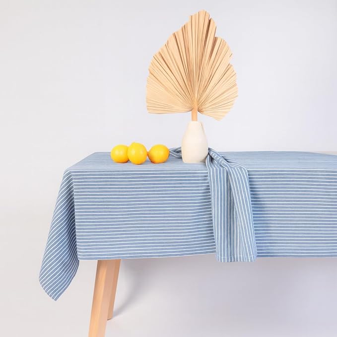 MONDAY MOOSE Striped Farmhouse Picnic Style Decoration Rectangle Natural Stonewashed Cotton Tablecloth for Kitchen, Dining Room, Restaurant (60x102 inch, Blue/White Stripes)