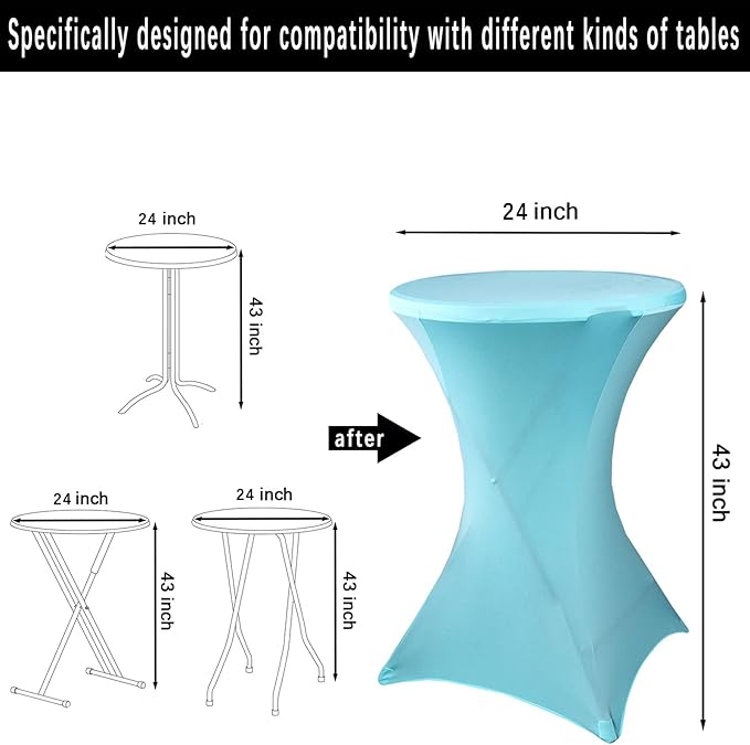 2 Pack 24x43 Inch Azure Cocktail Tablecloth Spandex Round Fitted Table Cover for Wedding Banquet Event Party