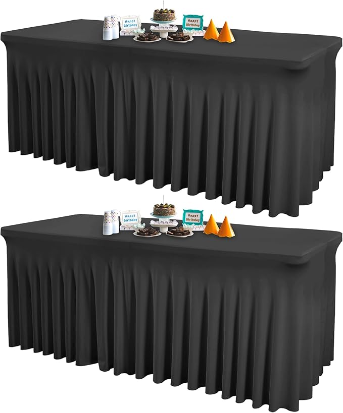2 Packs Black Spandex Table Covers 4 Foot, Fitted Stretch Table Cloth with Skirts 48x24 Inch, Wrinkle-Free Floor Length Rectangle Tablecloths for Trade Show Weddings Parties Banquets Events