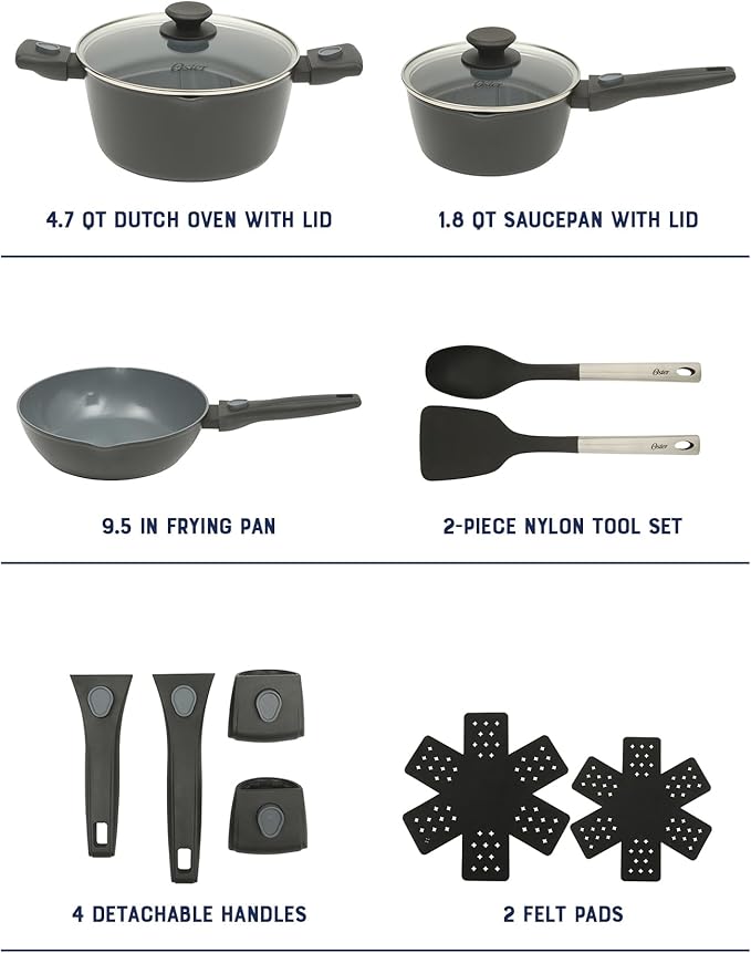 Oster SmartHandle Advance 13-Piece Ceramic Nonstick Cookware Set – Matte Black Finish, Gray Interior, Induction Base, Detachable Handles, Oven & Dishwasher Safe, With Utensils & Pan Protectors
