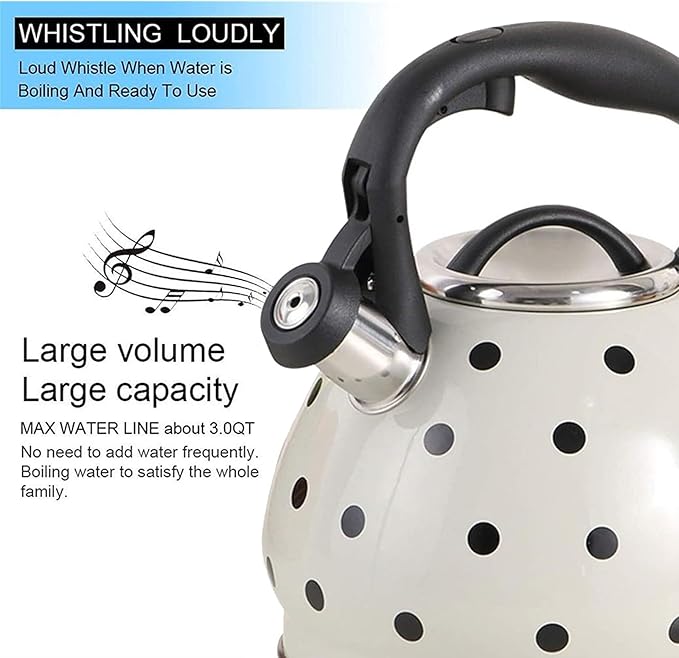 Polka Dot Tea Kettle Stovetop - 3.2 Quart Stainless Steel Whistling Kettle, Vintage Black & White Design, Gas & Electric Stove Safe