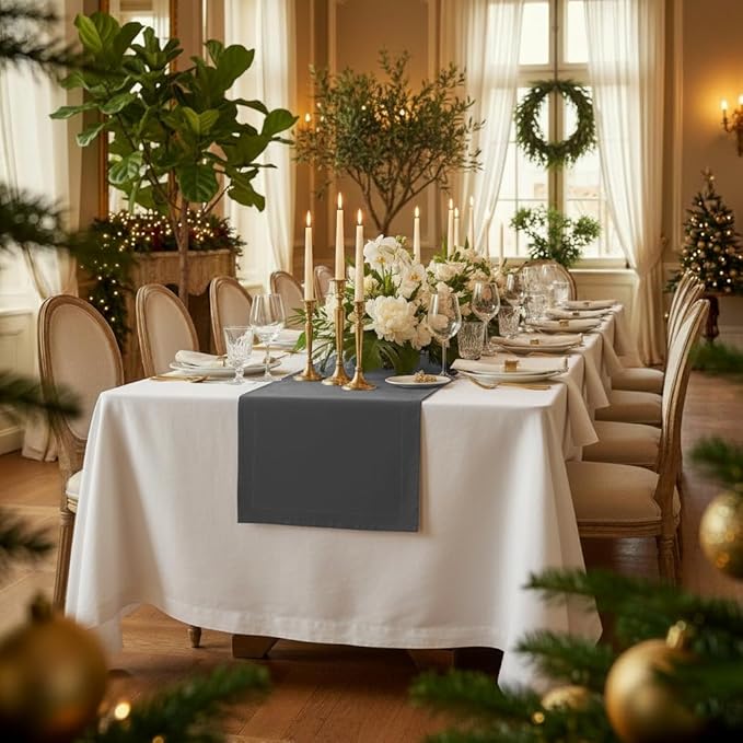 D'Moksha Homes Linen Table Runner 60 Inches - 100% Pure Linen Charcoal Grey Table Runner 14 x 60 Inch for Coffee Tables, Dresser, Spring, Easter - Machine Washable