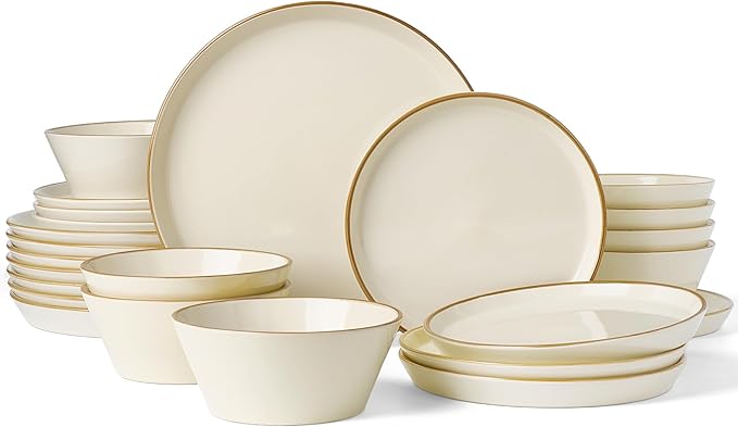 Famiware Saturn Stoneware Dinnerware Sets for 8 (24 Pieces), Ceramic Plates and Bowls Dish Sets with Hand-Painted Trim - Chip & Scratch Resistant, Microwave & Dishwasher Safe Tableware, Vanilla White