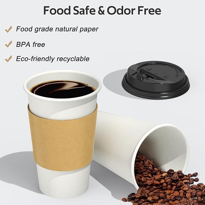 100 Pack 16 oz Disposable Coffee Cups with Lids and Sleeves, Sturdy Thick Paper & Leak-free Insulated to Go Paper Hot Coffee Cups for Hot & Cold Beverage