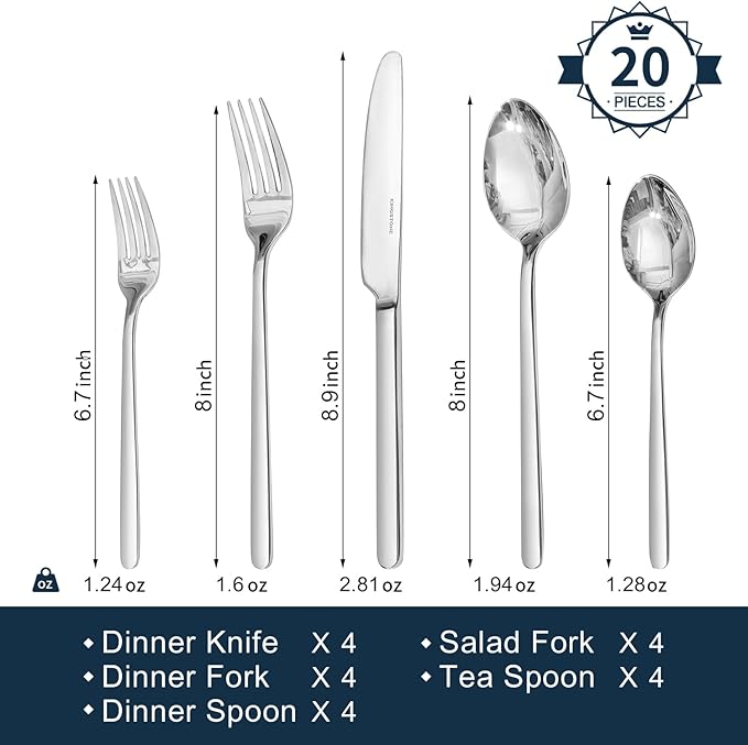 KINGSTONE Bone China Dinnerware Set for 4 with 20 Piece Silverware Set for 4, Dishwasher Safe, Tableware for Daily Use with Elegant Design