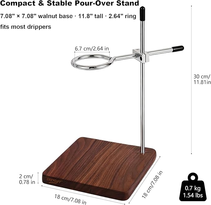 Pour Over Coffee Stand with American Black Walnut Base, Adjustable Coffee Dripper Stand, Wooden Brewing Station, Cone Holder, Elegant Gift for Brew Enthusiasts, Home Barista & Kitchen Décor