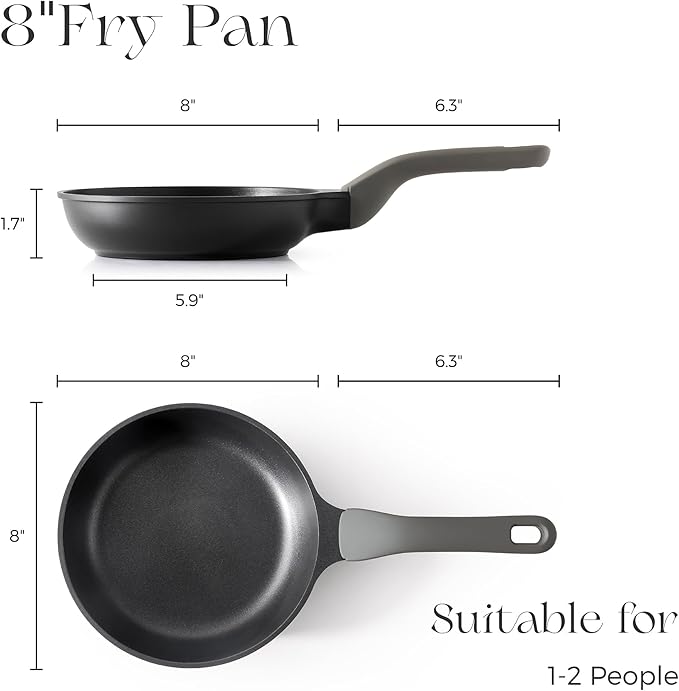 PRICUSIS Nonstick Frying Pan, 8/10/12 Inch Skillet with Stay Cool Handle, Fully Coated, Induction Compatible & Oven Safe, 100% Dishwasher Safe, PTFE & PFOA Free（8 Inch, Black Sesame）