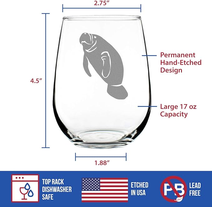 Bevvee Manatee Stemless Wine Glass - Funny Ocean Animals Themed Decor and Gifts for Sea Creature Lovers - Large 17 Oz