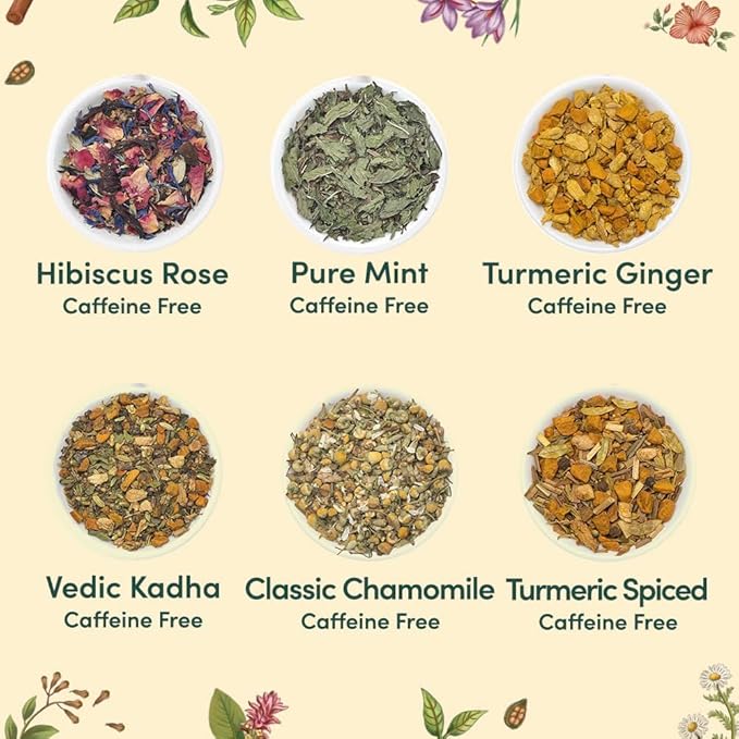 VAHDAM, Assorted Herbal Tea Variety Pack (6 Variants, 36 Tea Bags) Caffeine Free, Gluten Free, Non GMO | Eco Friendly Long Leaf Pyramid Tea Bags I Tea Gift Set for Men and Women
