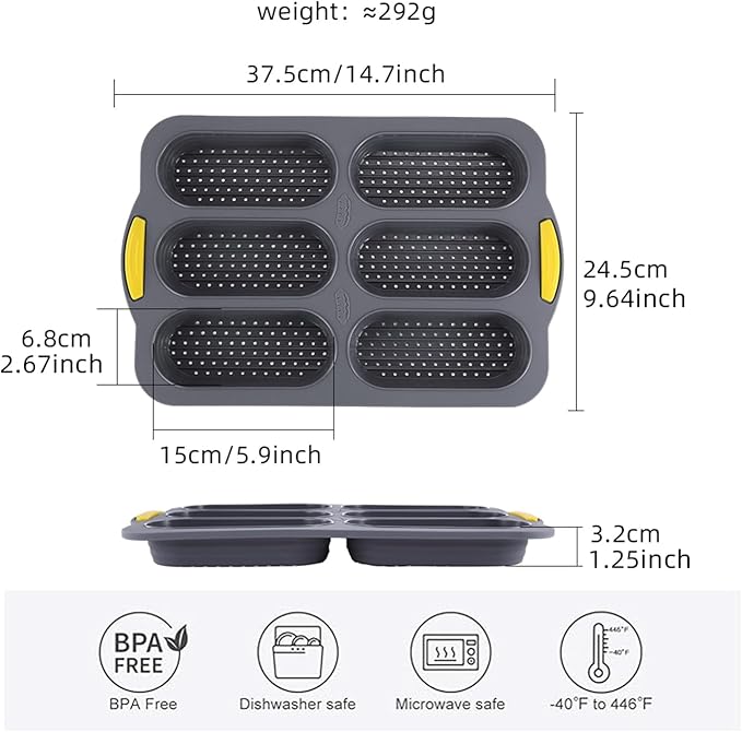 MUJUZE Hot Dog Bun Pan,6 Cavity Bread Loaf Pan,Silicone Hotdog Bun Mold,Nonstick & Heat proof Homemade Hotdog Bun Baking Pans,Sub Roll Baking Pans