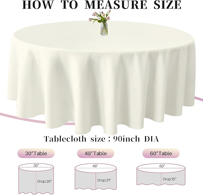 BIGTONE 10 Pack White Round Tablecloth 90 Inch, Wrinkle and Stain Resistant Washable Polyester Fabric Table Cloth for Dining Room Kitchen Party, Beige