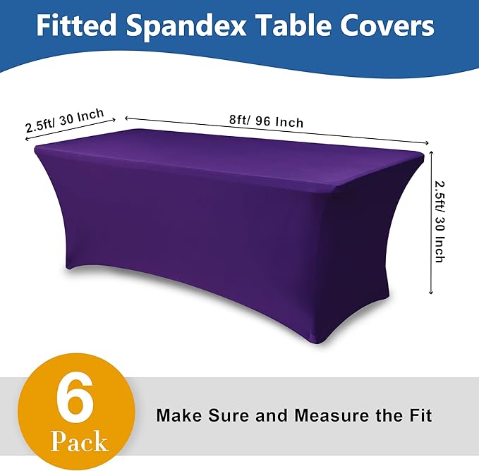 Spandex Table Cloths for 8 Foot Rectangle Tables-6 Pack Fitted Stretch Dark Purple Table Covers-Folding Tablecloths for Party, Vendor Booth Display, Banquet Buffet Event, Craft Trade Show