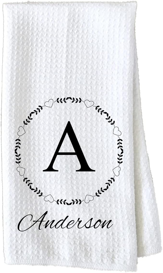 Personalized Kitchen Towel | Custom Tea Towel | Family Name Dish Towel | Kitchen Decor | Hand Towel | Housewarming Gift | Monogram Dishcloth (Wreath 7)